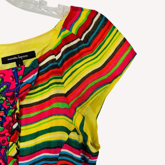 Nanette Lepore Linen Dress Size 8 Vibrant Stripes Beaded Neck Ruffle Accent - Picture 4 of 15